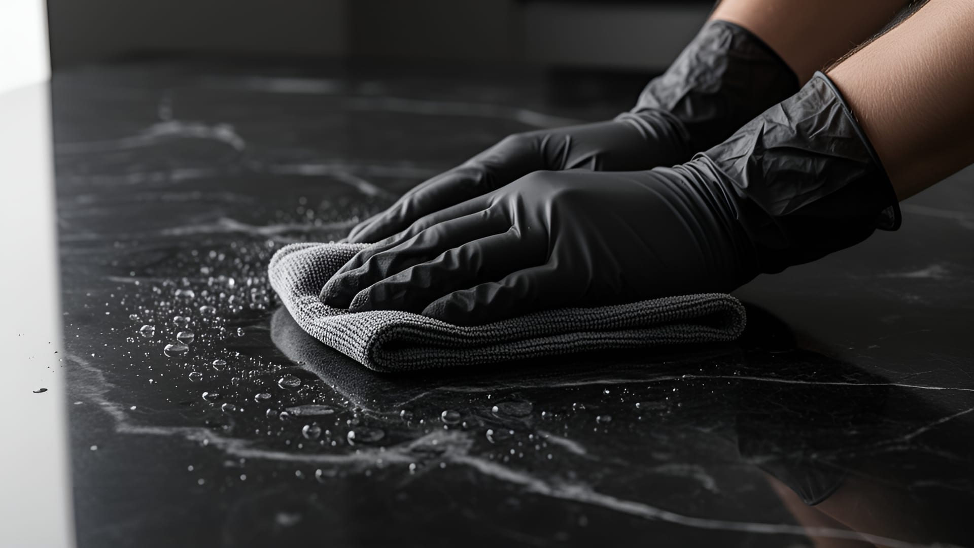 Lustrage — Mains gantées de nitrile noir essuyant un plan de travail en marbre noir avec une microfibre grise, gouttelettes